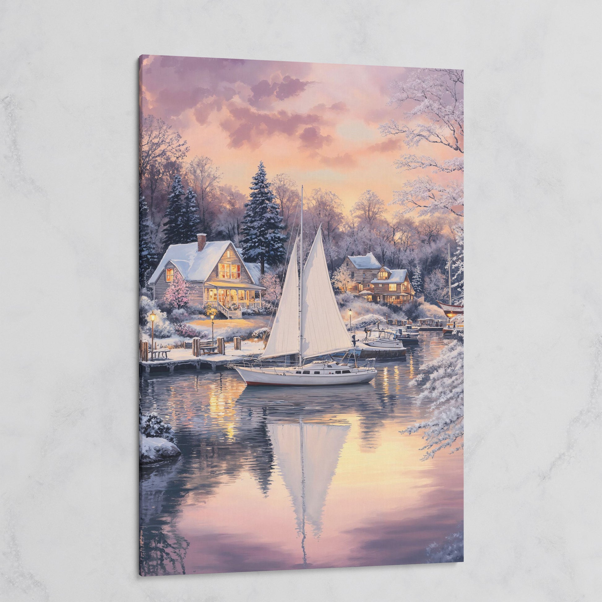 Winter Harbor Sailboat Canvas Art, Snowy Coastal Scene on gallery wrap