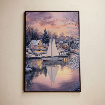 Winter Harbor Sailboat Canvas Art, Snowy Coastal Scene in dark walnut floating frame
