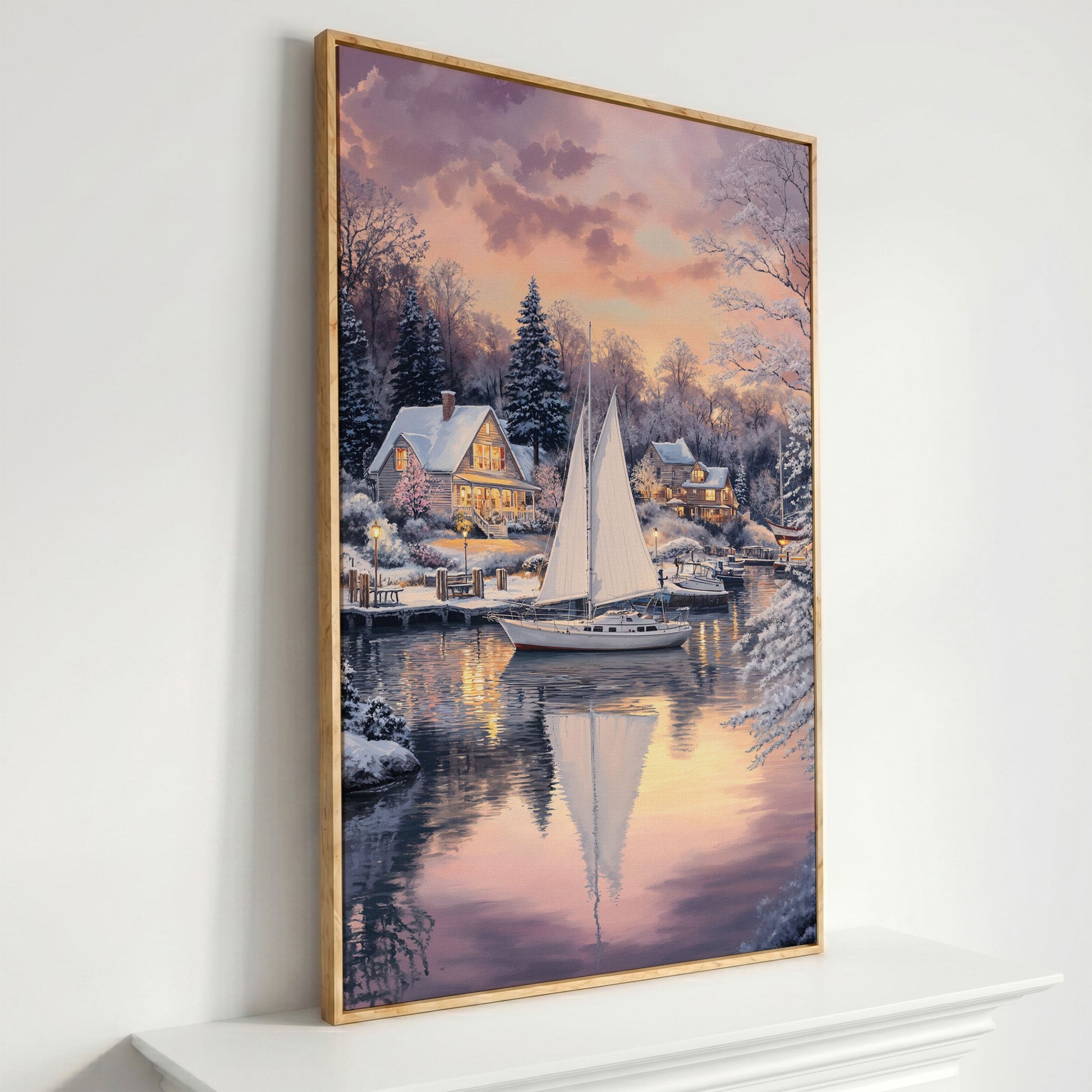Winter Harbor Sailboat Canvas Art, Snowy Coastal Scene in white oak floating frame