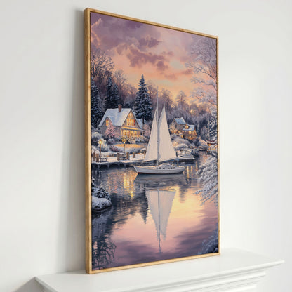 Winter Harbor Sailboat Canvas Art, Snowy Coastal Scene in white oak floating frame