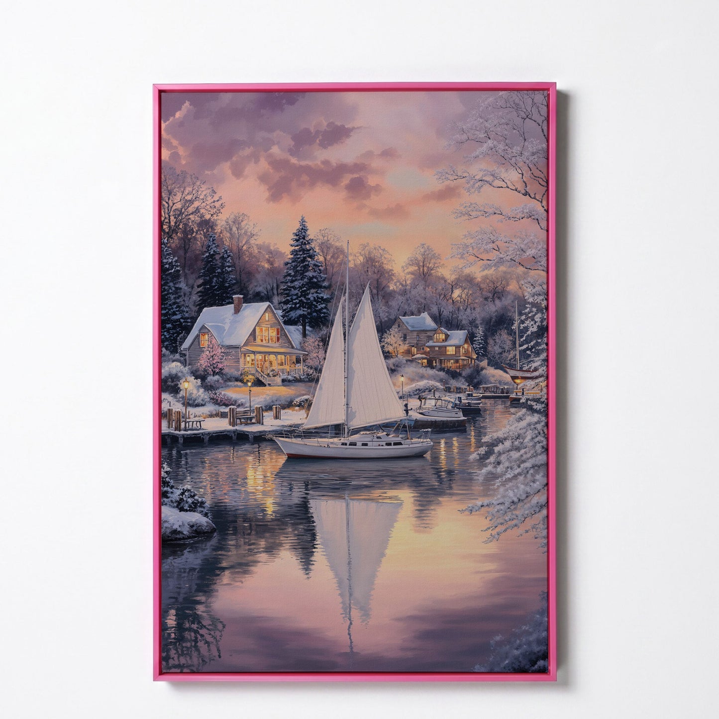 Winter Harbor Sailboat Canvas Art, Snowy Coastal Scene in pink floating frame