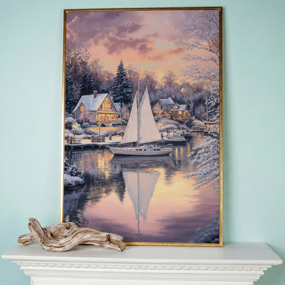 Winter Harbor Sailboat Canvas Art, Snowy Coastal Scene in rose gold floating frame