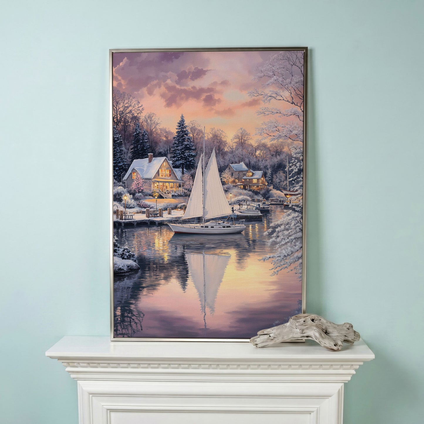 Winter Harbor Sailboat Canvas Art, Snowy Coastal Scene in silver floating frame