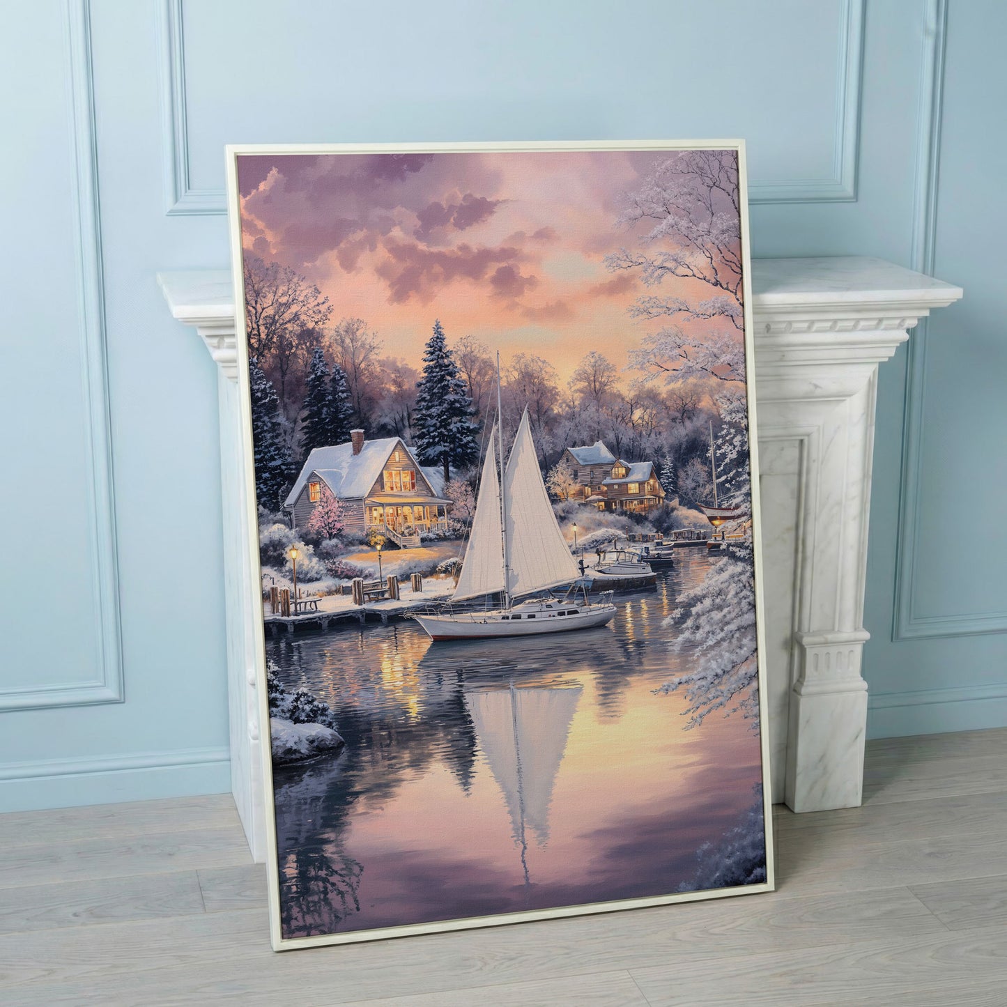 Winter Harbor Sailboat Canvas Art, Snowy Coastal Scene in white floating frame