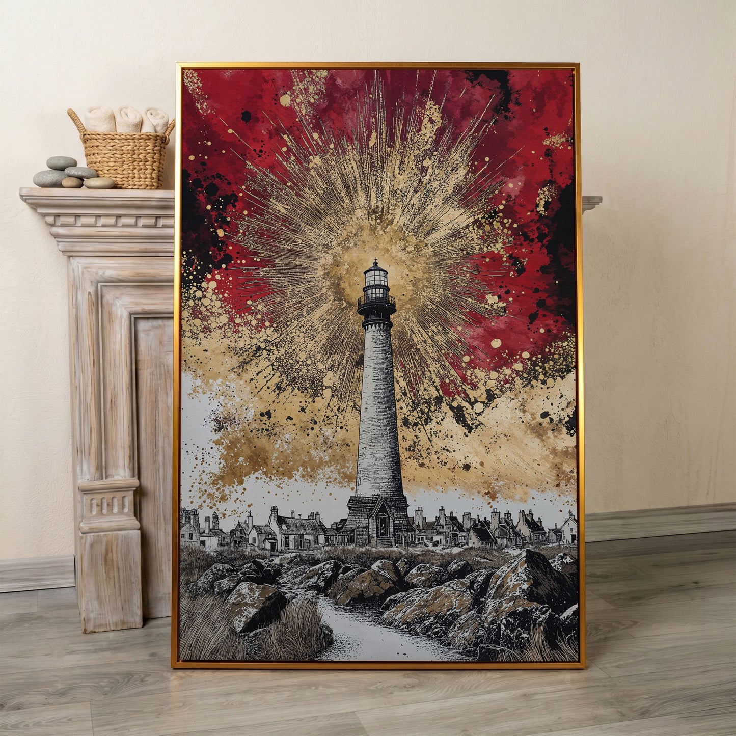 Lighthouse and Coastal Village Canvas Art, Portrait Wall Piece in antique gold floating frame