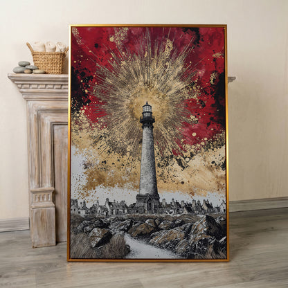 Lighthouse and Coastal Village Canvas Art, Portrait Wall Piece in antique gold floating frame