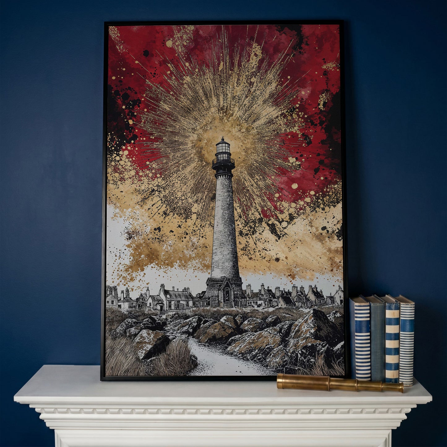 Lighthouse and Coastal Village Canvas Art, Portrait Wall Piece in black floating frame