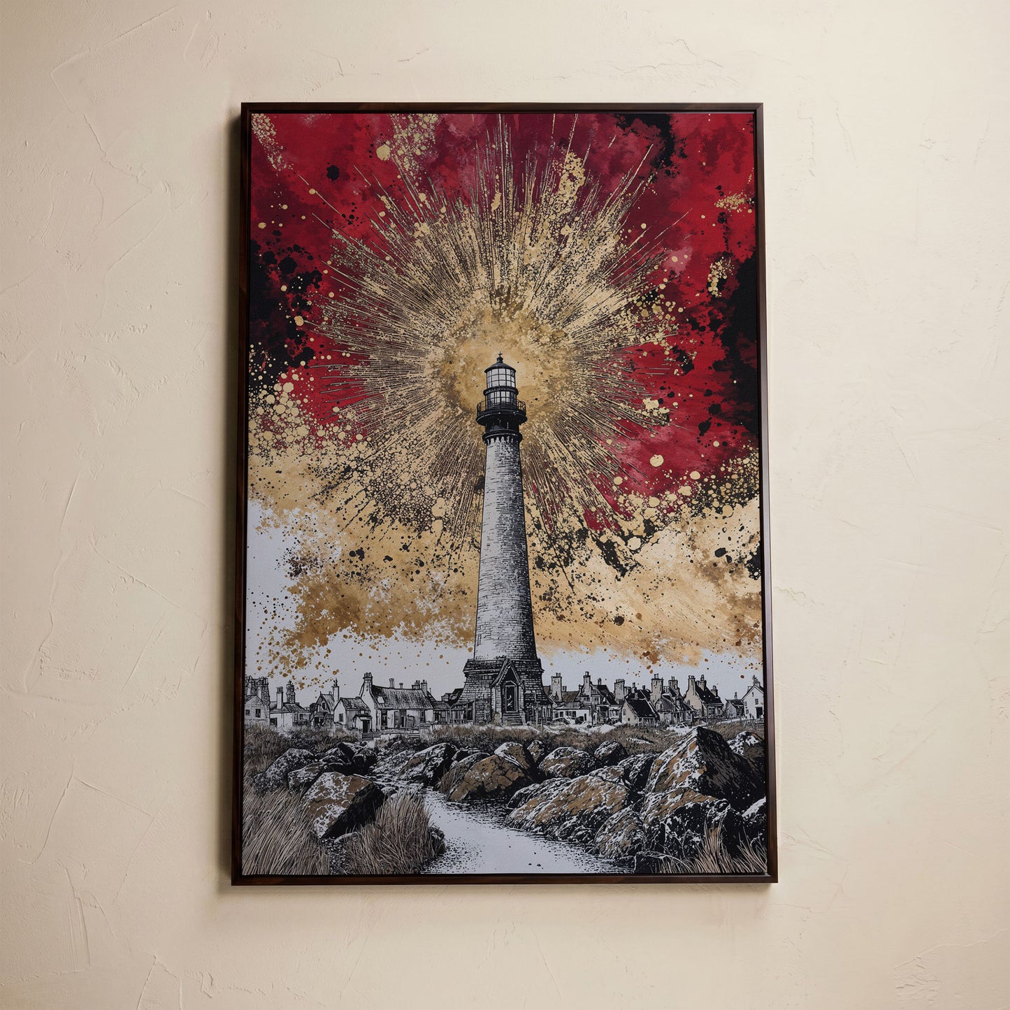 Lighthouse and Coastal Village Canvas Art, Portrait Wall Piece in dark walnut floating frame