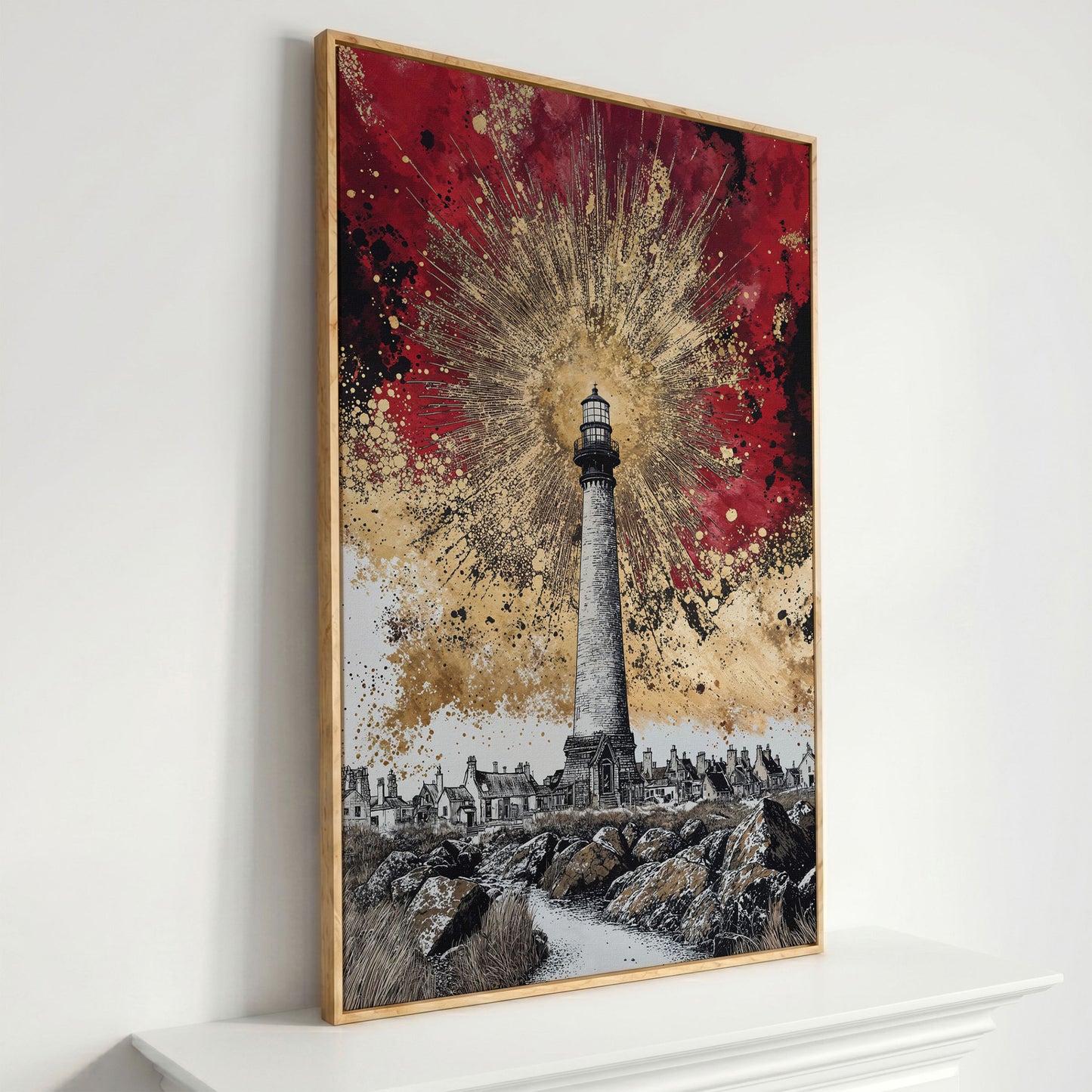 Lighthouse and Coastal Village Canvas Art, Portrait Wall Piece in white oak floating frame