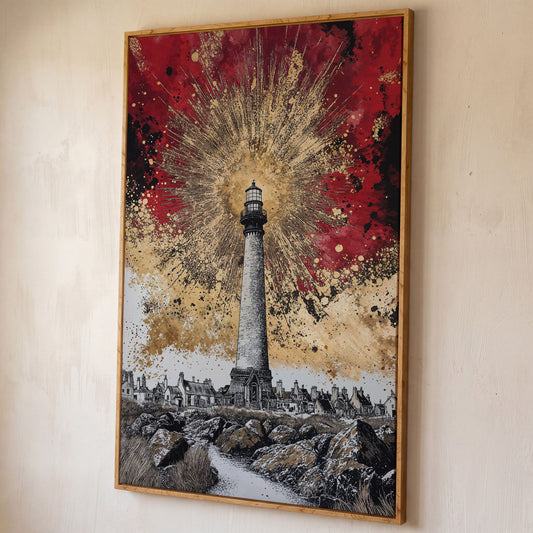 Lighthouse and Coastal Village Canvas Art, Portrait Wall Piece shown in white oak floating frame