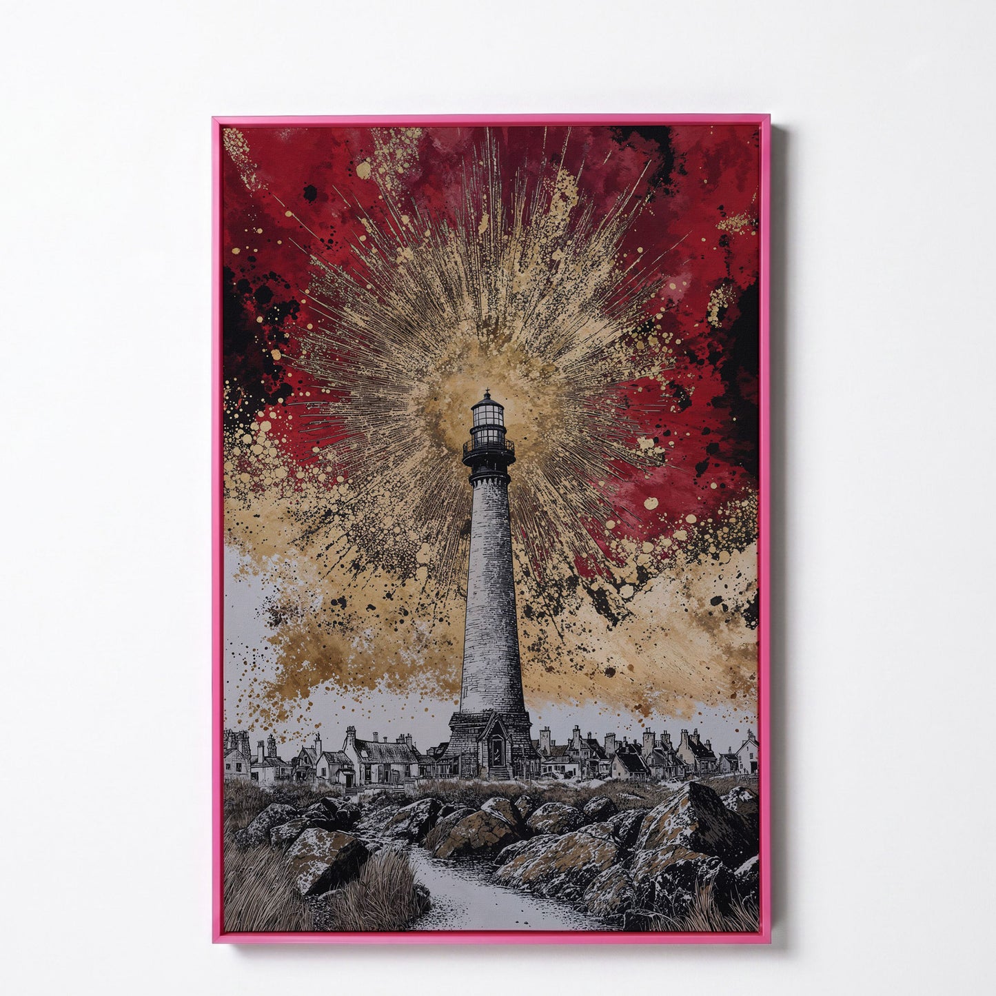 Lighthouse and Coastal Village Canvas Art, Portrait Wall Piece in pink floating frame