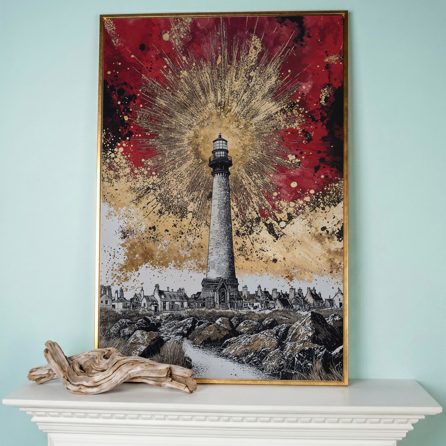Lighthouse and Coastal Village Canvas Art, Portrait Wall Piece in rose gold floating frame