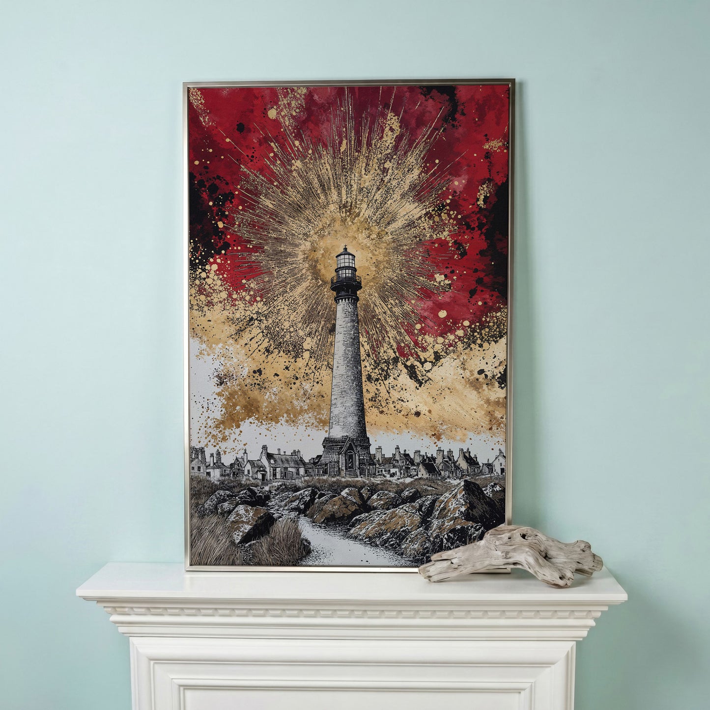 Lighthouse and Coastal Village Canvas Art, Portrait Wall Piece in silver floating frame
