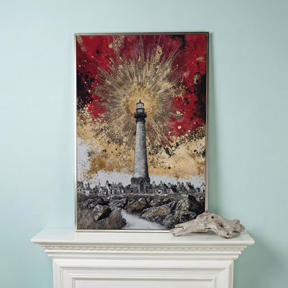 Lighthouse and Coastal Village Canvas Art, Portrait Wall Piece in silver floating frame