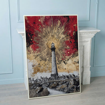 Lighthouse and Coastal Village Canvas Art, Portrait Wall Piece in white floating frame