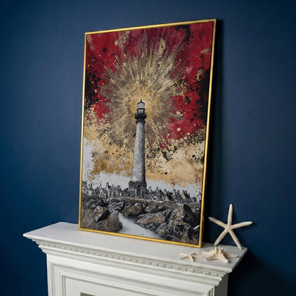 Lighthouse and Coastal Village Canvas Art, Portrait Wall Piece in yellow gold floating frame