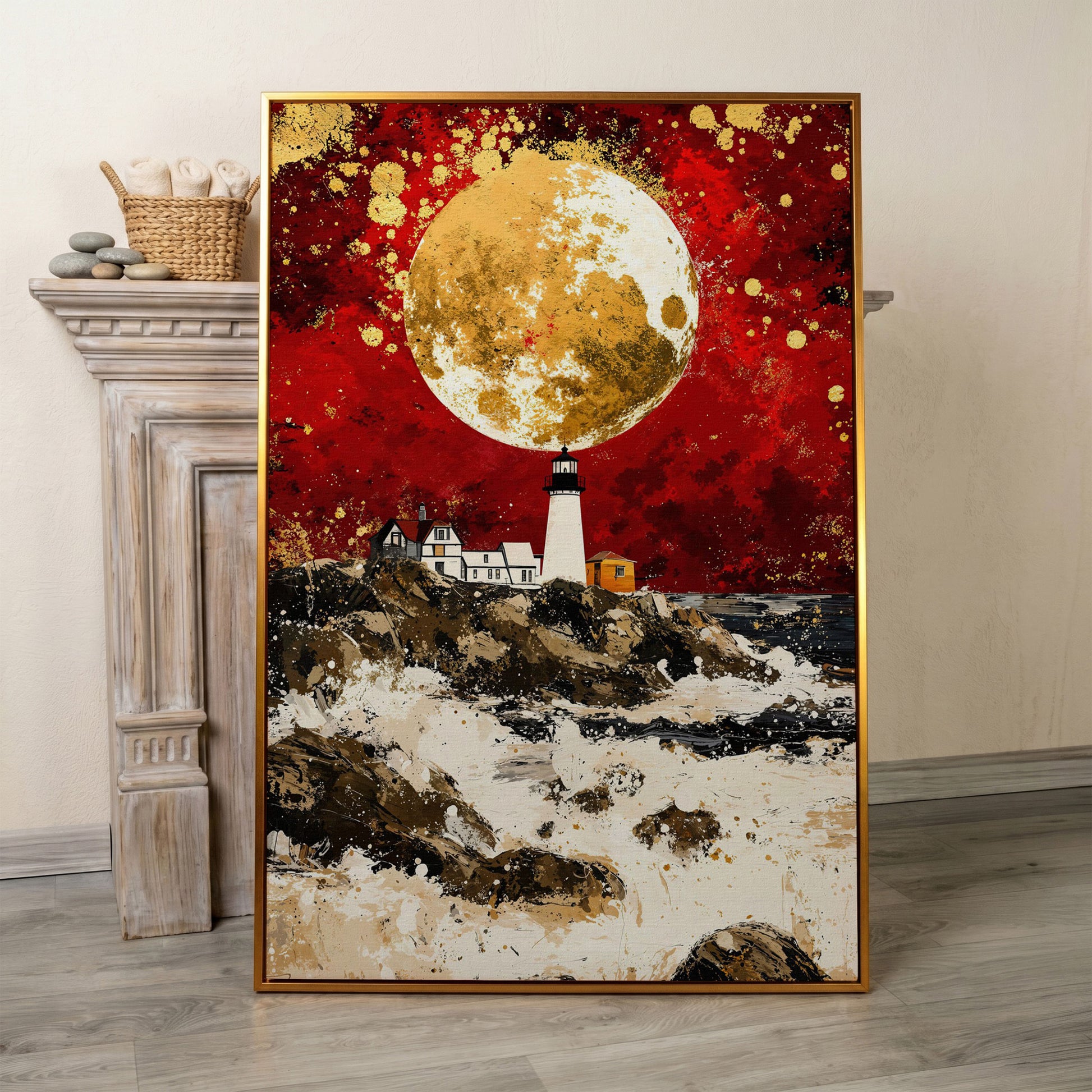 Lighthouse on Rocky Coast, Red Sky and Gold Moon Canvas Print in antique gold floating frame