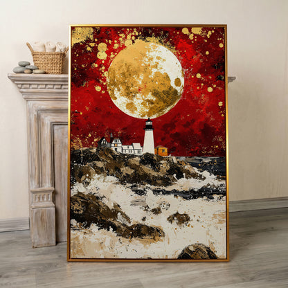 Lighthouse on Rocky Coast, Red Sky and Gold Moon Canvas Print in antique gold floating frame