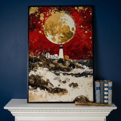 Lighthouse on Rocky Coast, Red Sky and Gold Moon Canvas Print in black floating frame