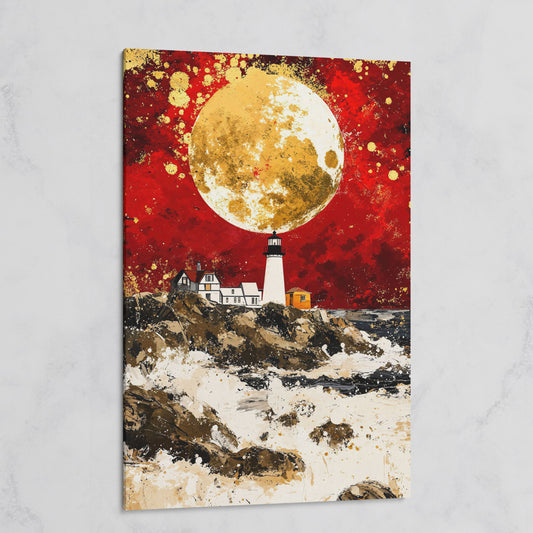 Lighthouse on Rocky Coast, Red Sky and Gold Moon Canvas Print on gallery wrap