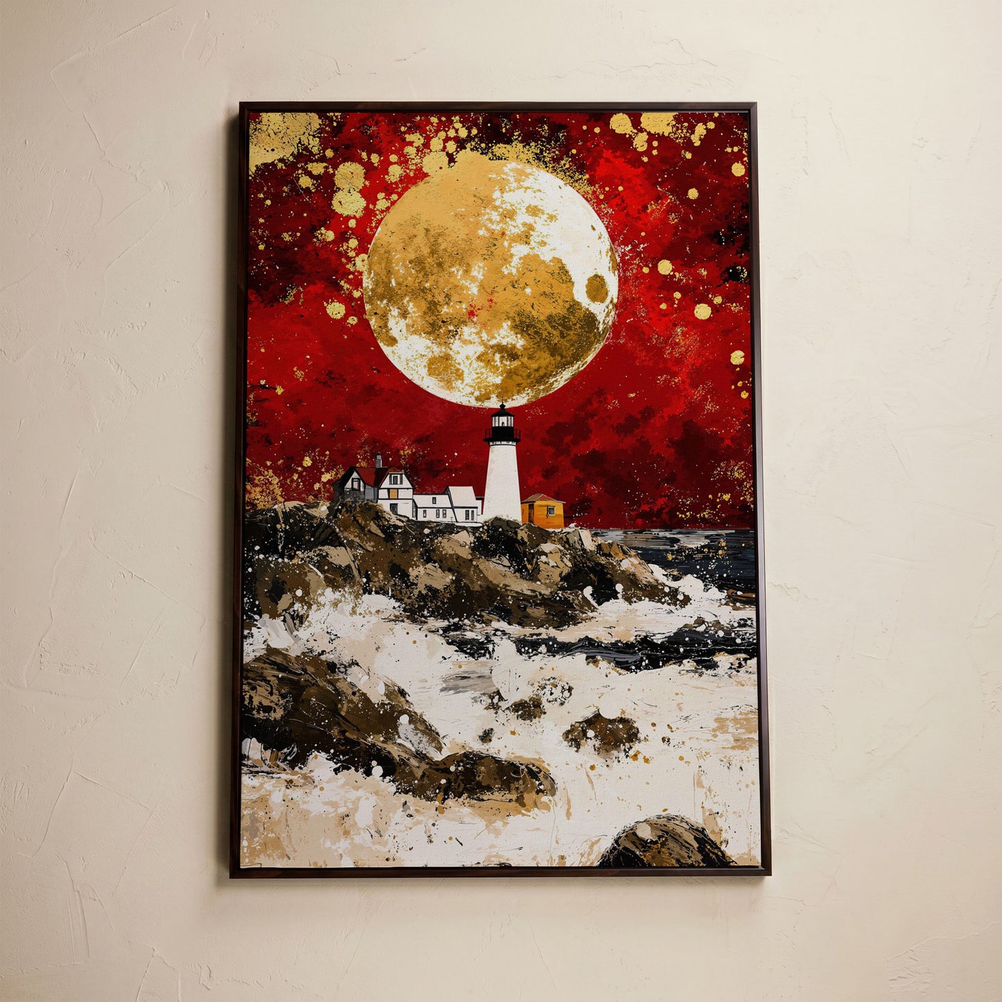 Lighthouse on Rocky Coast, Red Sky and Gold Moon Canvas Print in dark walnut floating frame