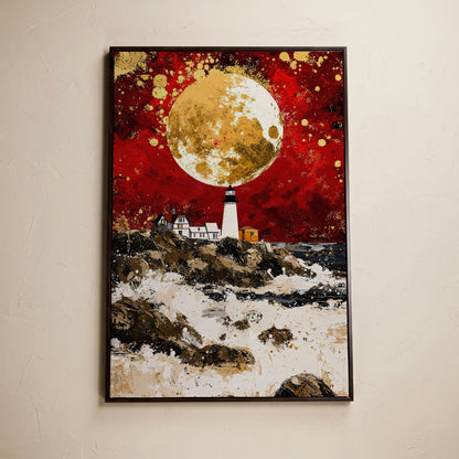 Lighthouse on Rocky Coast, Red Sky and Gold Moon Canvas Print in dark walnut floating frame