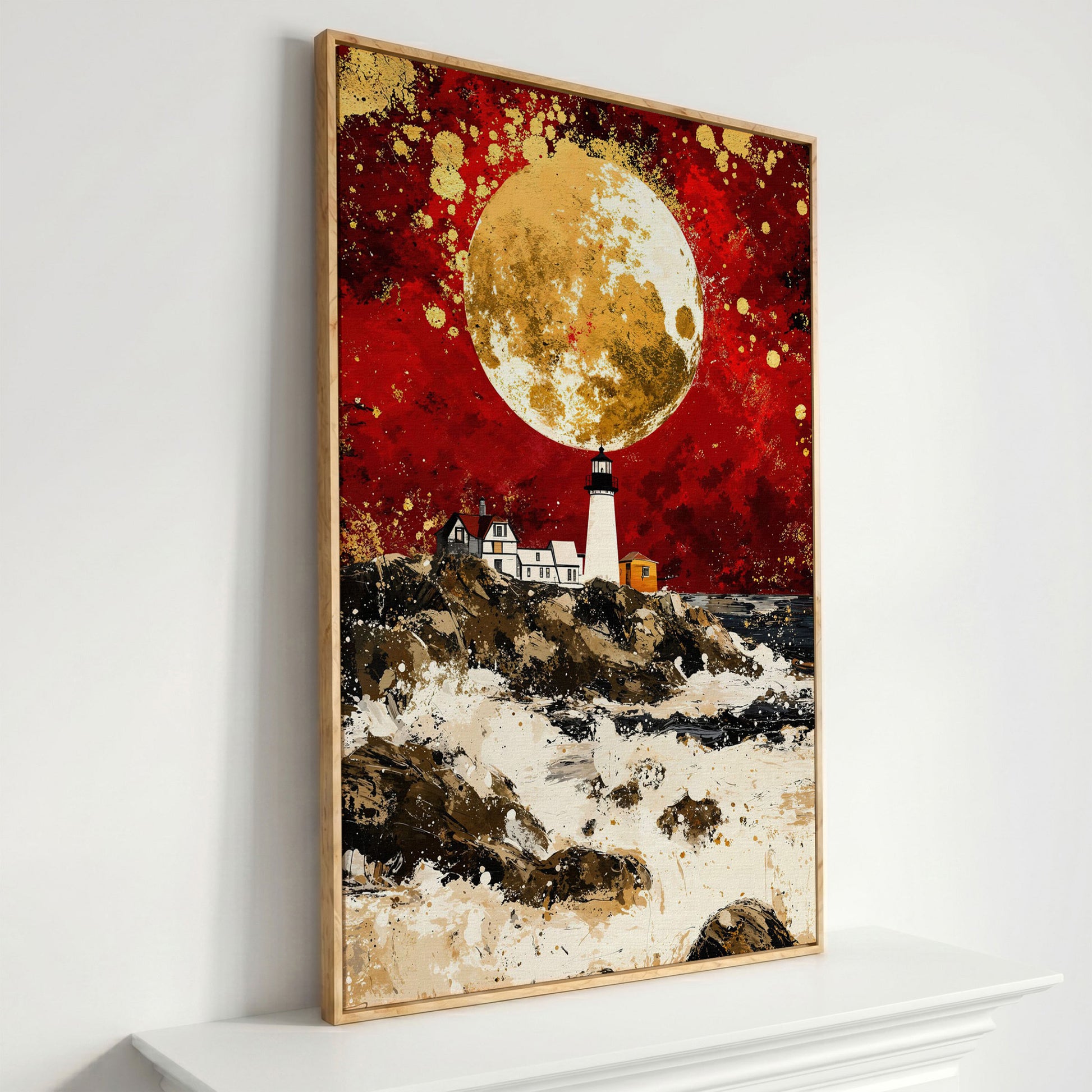 Lighthouse on Rocky Coast, Red Sky and Gold Moon Canvas Print in white oak floating frame