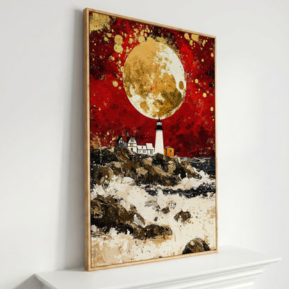 Lighthouse on Rocky Coast, Red Sky and Gold Moon Canvas Print in white oak floating frame