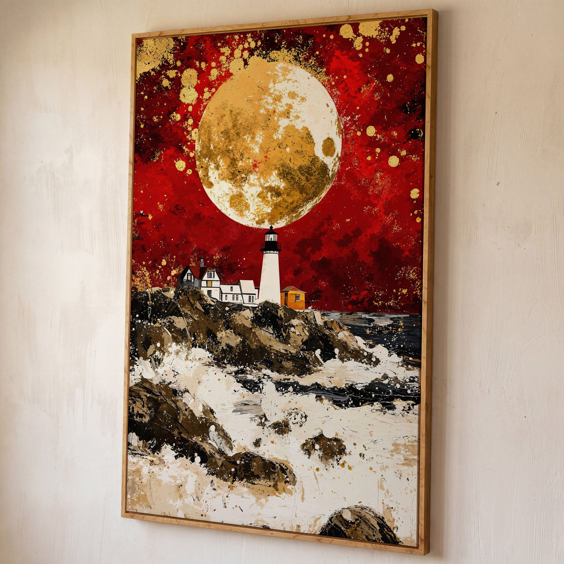 Lighthouse on Rocky Coast, Red Sky and Gold Moon Canvas Print shown in white oak floating frame