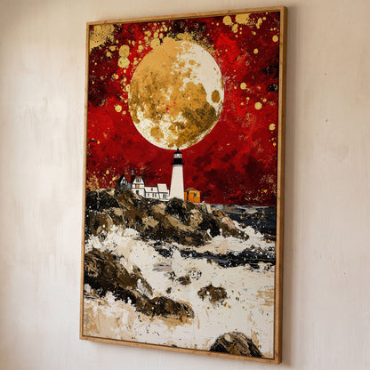 Lighthouse on Rocky Coast, Red Sky and Gold Moon Canvas Print shown in white oak floating frame