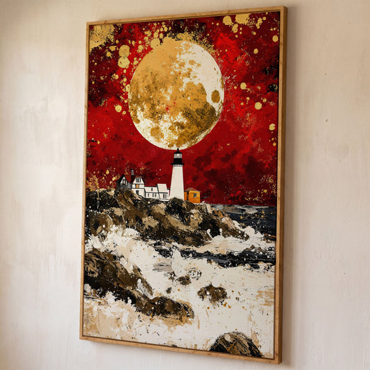 Lighthouse on Rocky Coast, Red Sky and Gold Moon Canvas Print shown in white oak floating frame