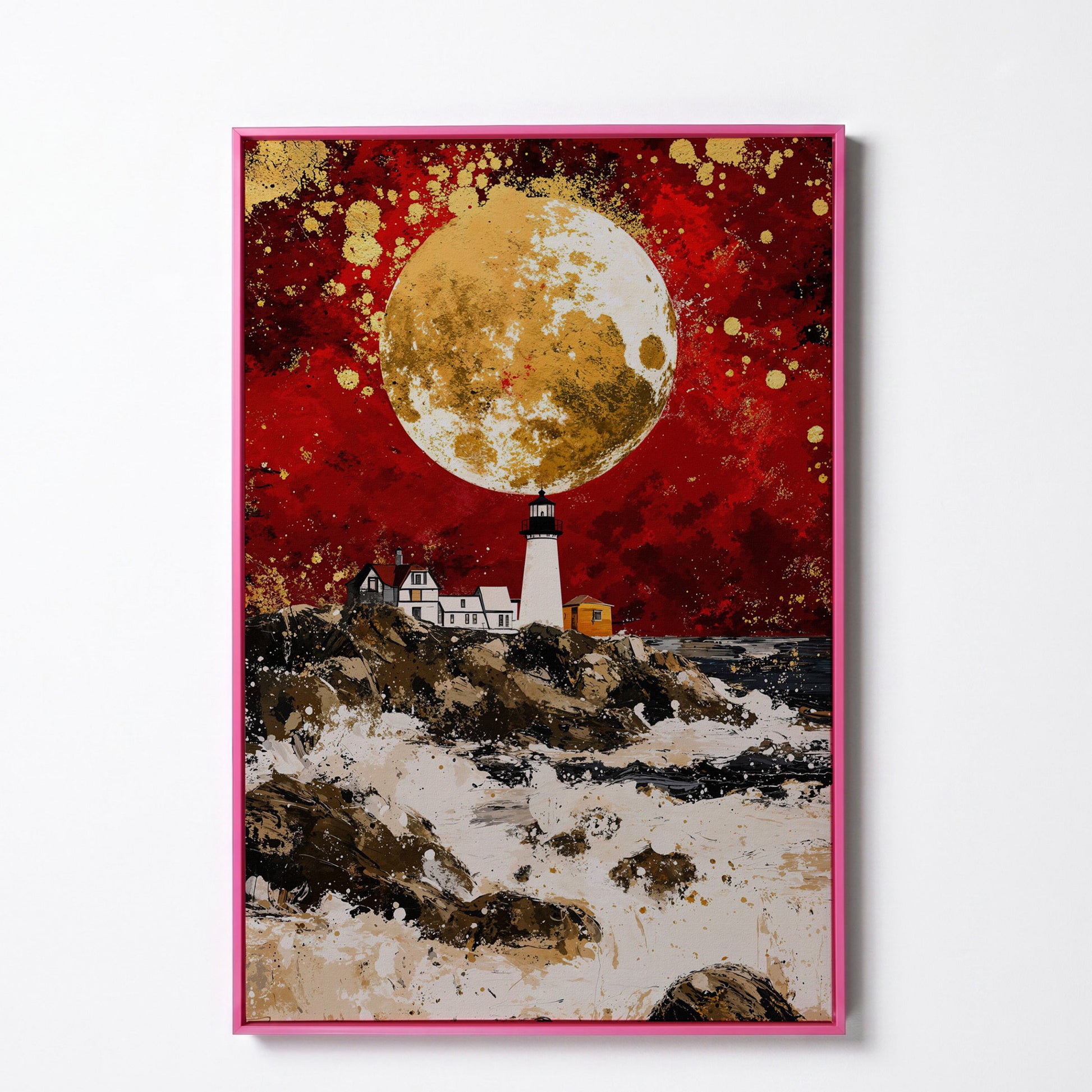 Lighthouse on Rocky Coast, Red Sky and Gold Moon Canvas Print in pink floating frame