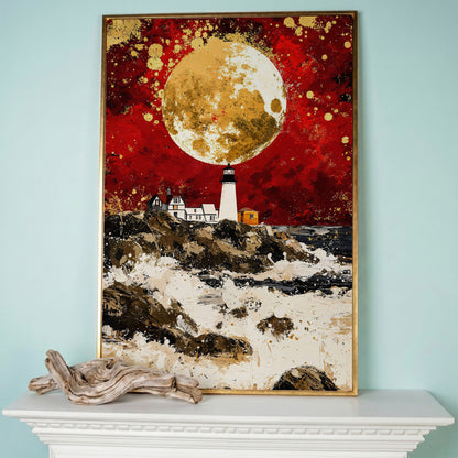 Lighthouse on Rocky Coast, Red Sky and Gold Moon Canvas Print in rose gold floating frame
