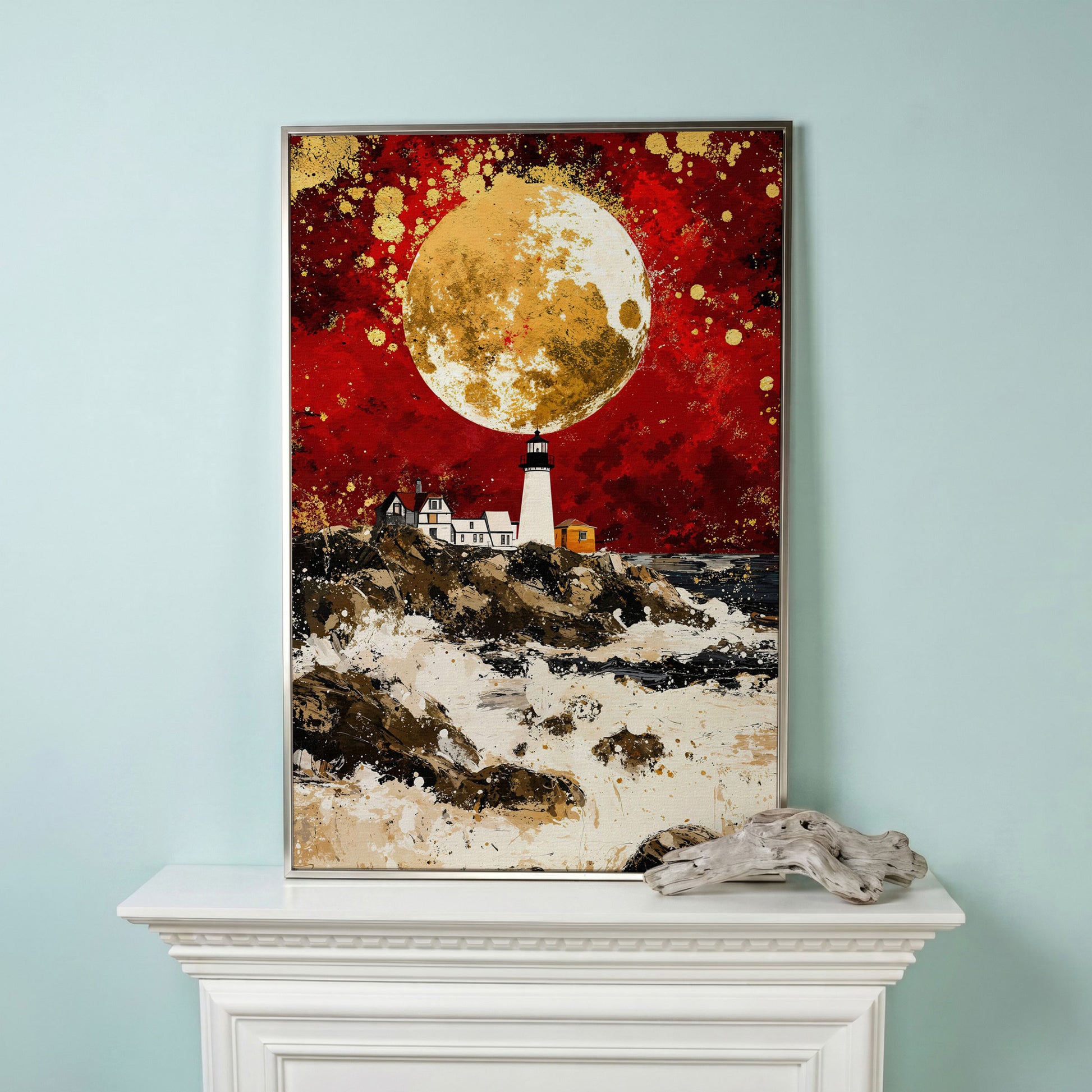 Lighthouse on Rocky Coast, Red Sky and Gold Moon Canvas Print in silver floating frame