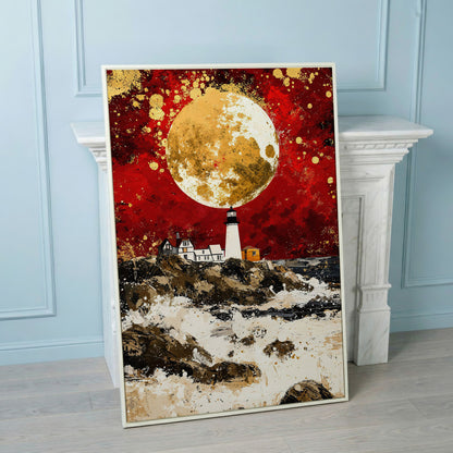 Lighthouse on Rocky Coast, Red Sky and Gold Moon Canvas Print in white floating frame