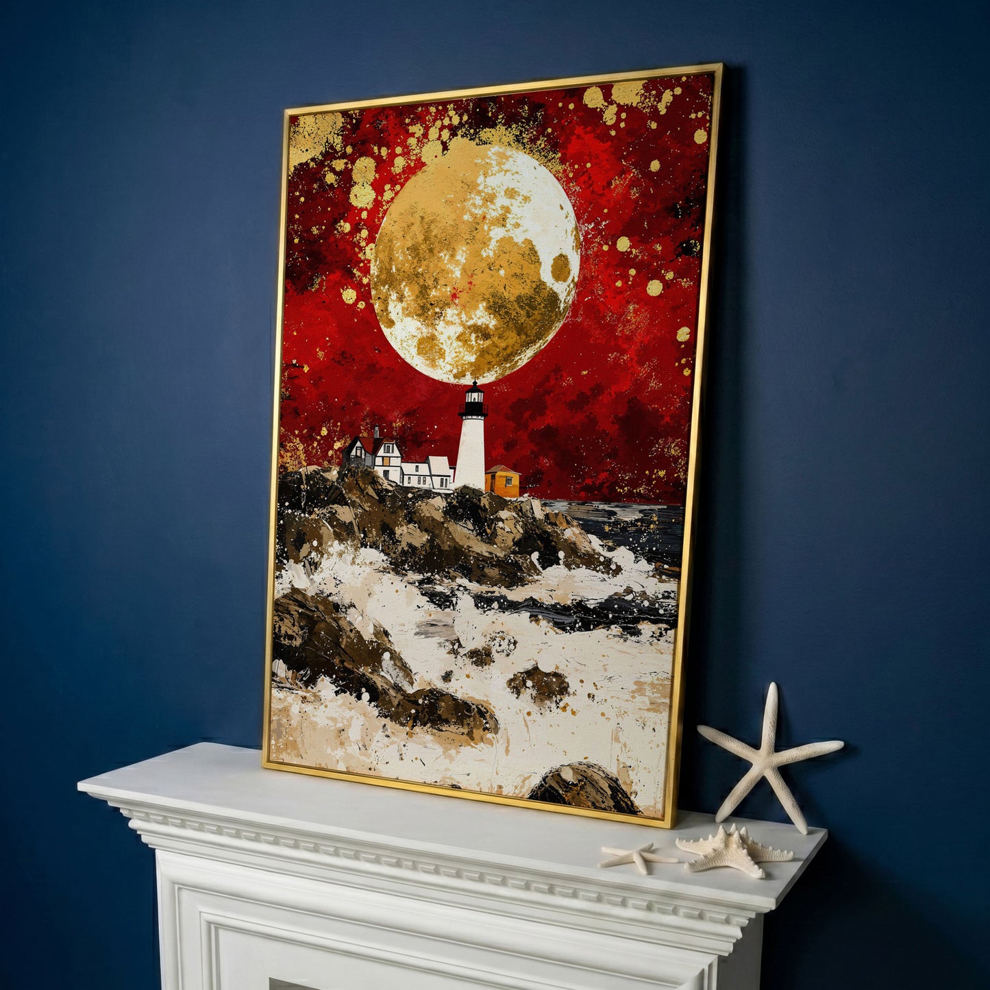 Lighthouse on Rocky Coast, Red Sky and Gold Moon Canvas Print in yellow gold floating frame