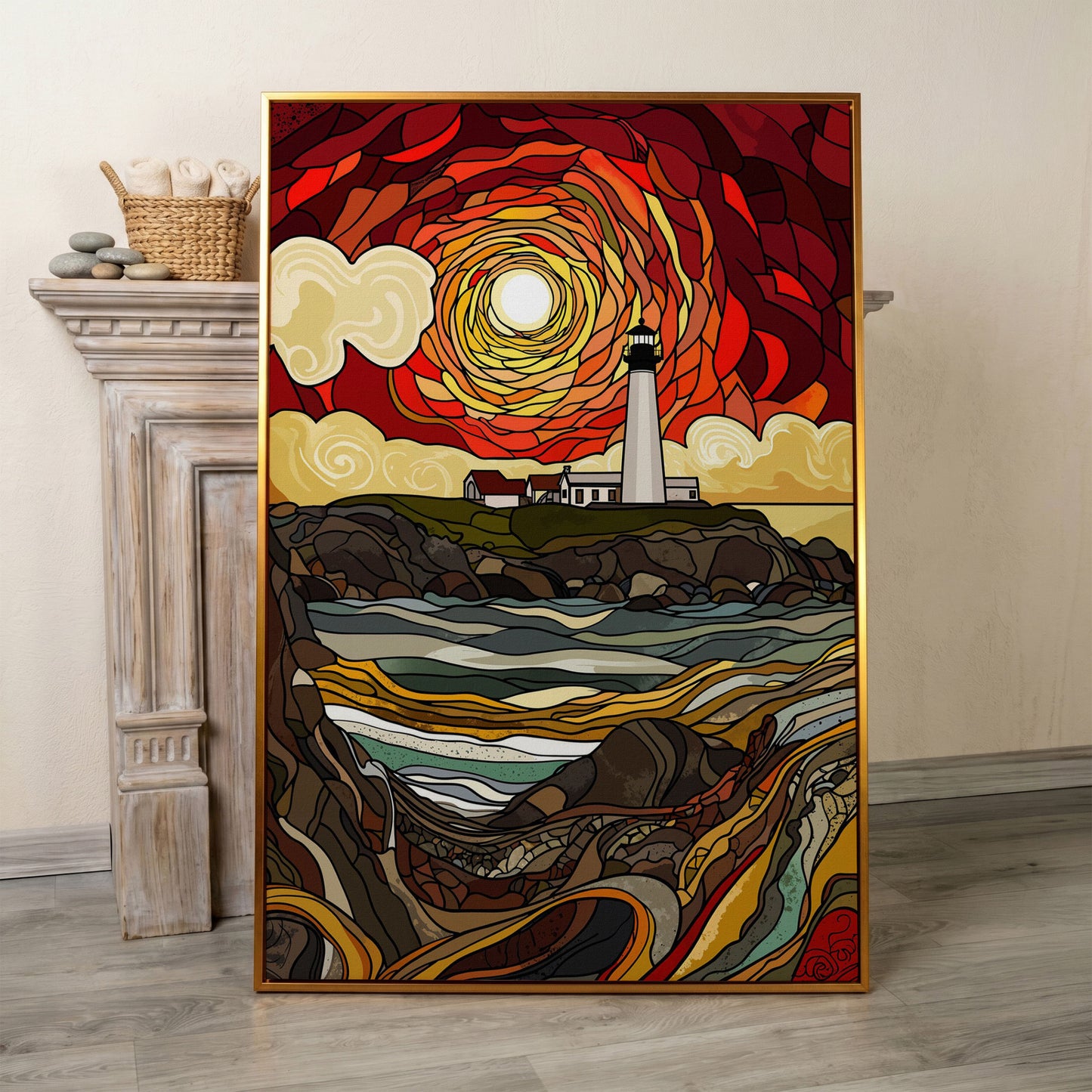 Lighthouse on a Rocky Coast Canvas Print in antique gold floating frame