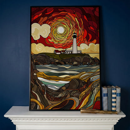 Lighthouse on a Rocky Coast Canvas Print in black floating frame