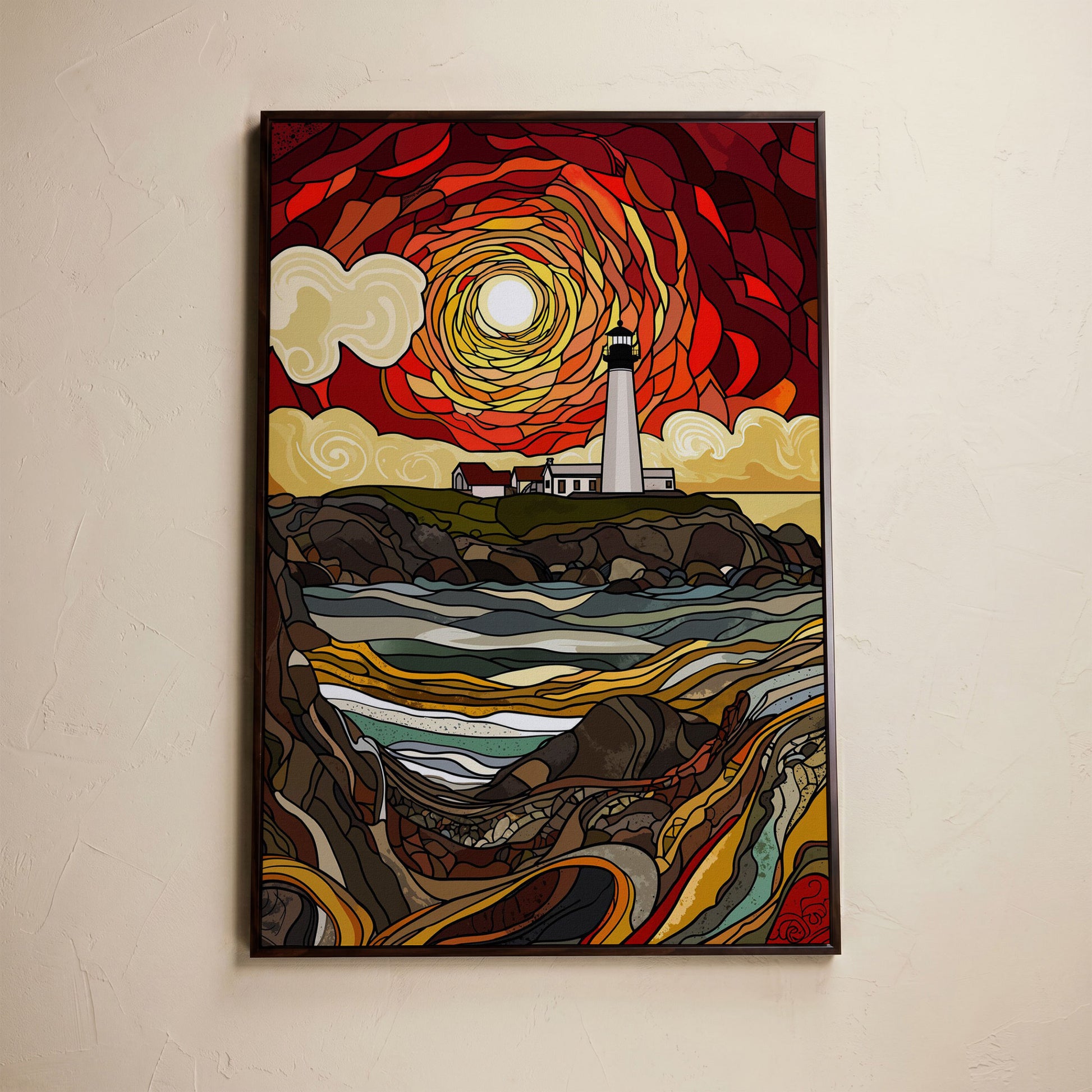 Lighthouse on a Rocky Coast Canvas Print in dark walnut floating frame