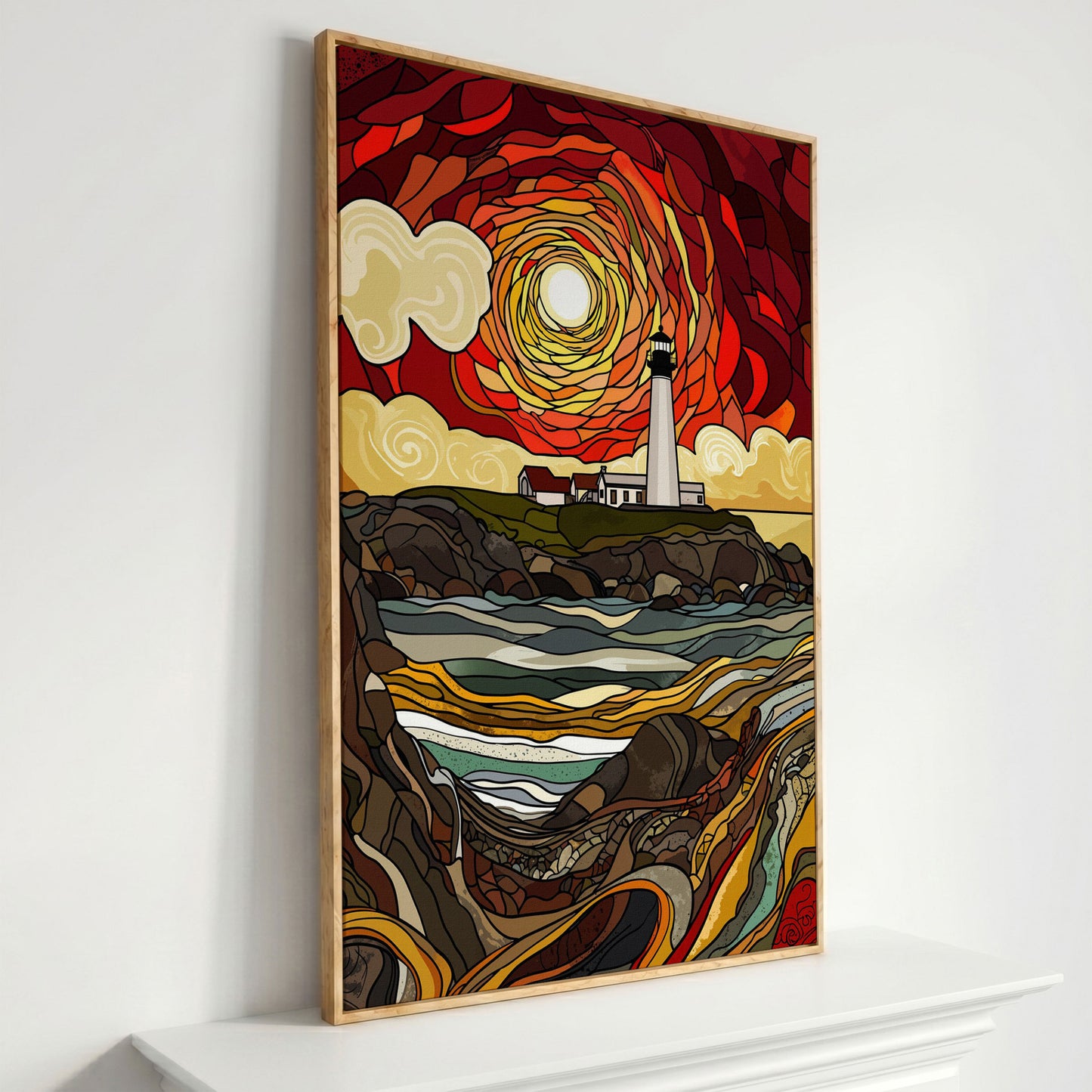 Lighthouse on a Rocky Coast Canvas Print in white oak floating frame