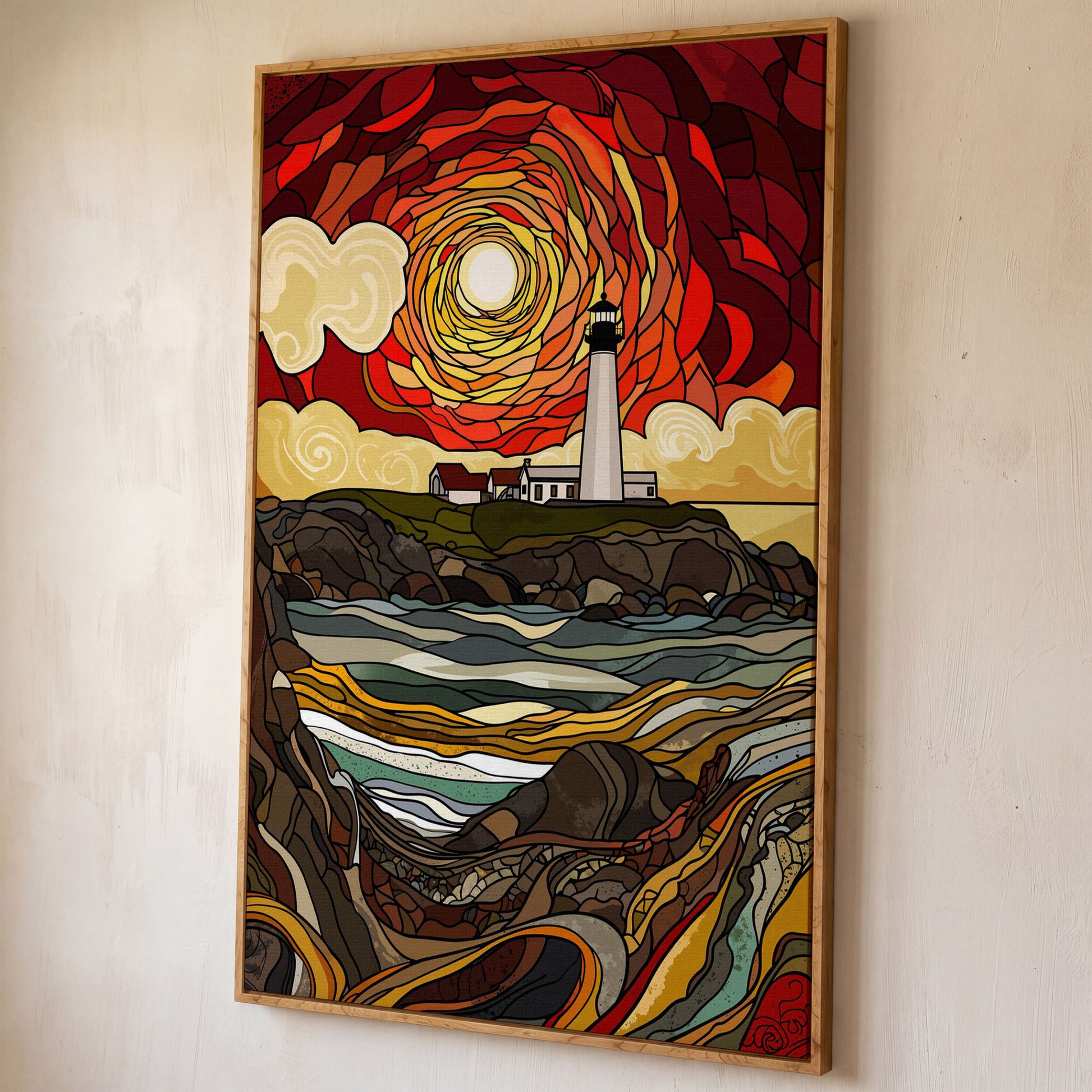 Lighthouse on a Rocky Coast Canvas Print shown in white oak floating frame
