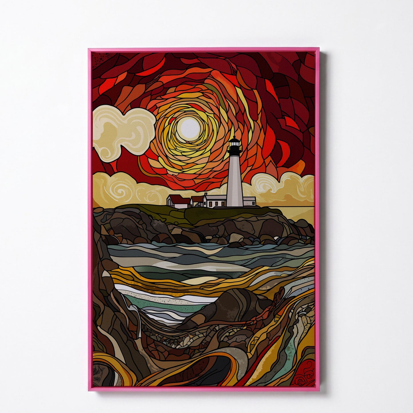 Lighthouse on a Rocky Coast Canvas Print in pink floating frame