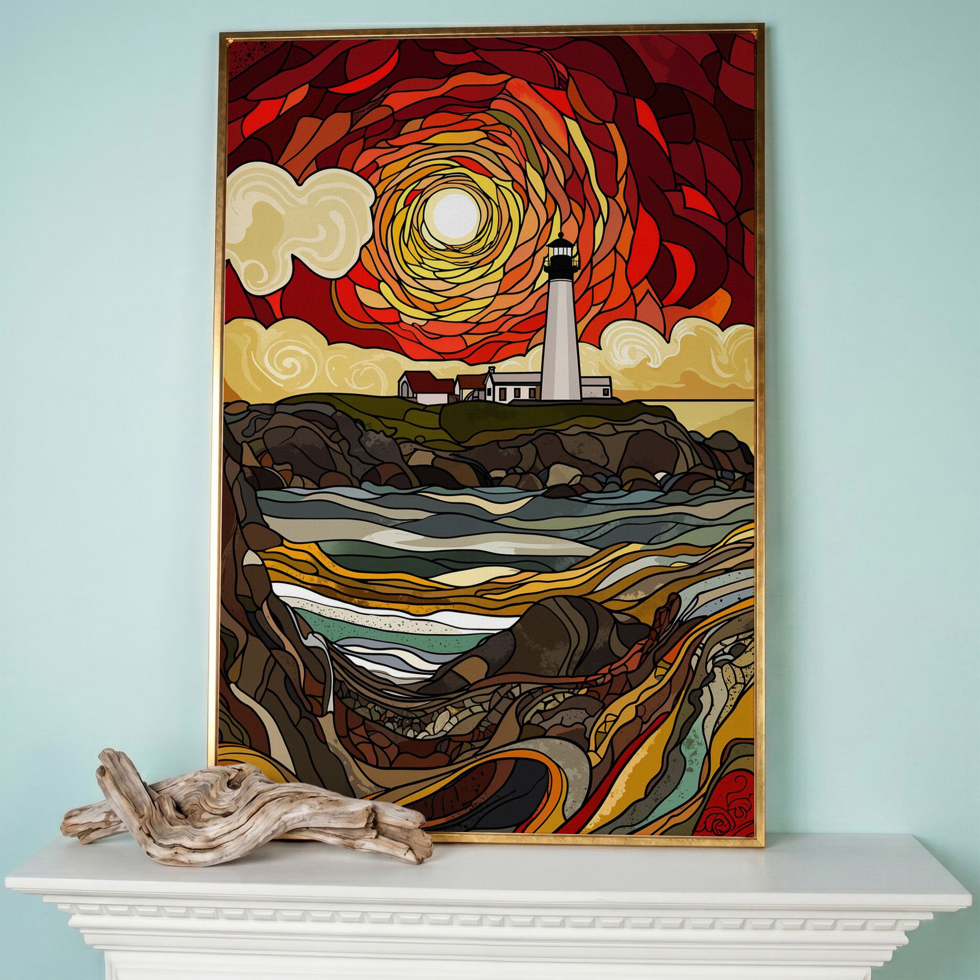 Lighthouse on a Rocky Coast Canvas Print in rose gold floating frame