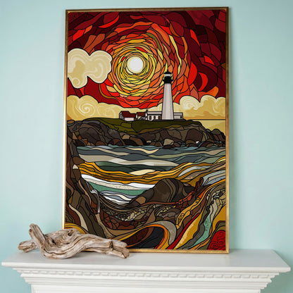 Lighthouse on a Rocky Coast Canvas Print in rose gold floating frame