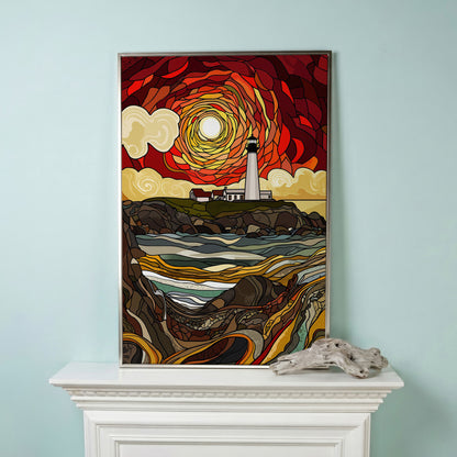 Lighthouse on a Rocky Coast Canvas Print in silver floating frame