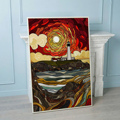 Lighthouse on a Rocky Coast Canvas Print in white floating frame