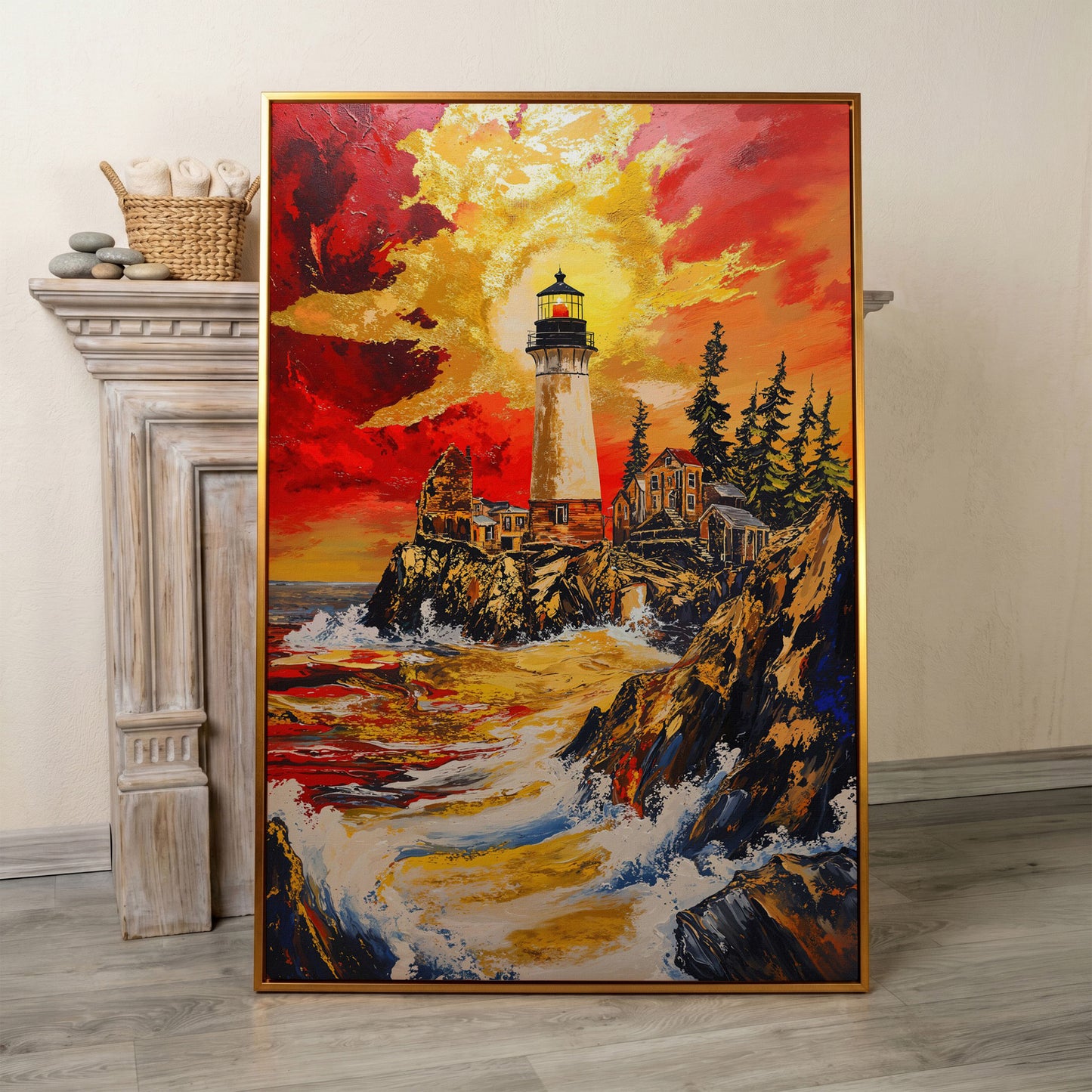 Lighthouse on Rocky Cliffs at Sunset. Ocean Canvas Wall Art in antique gold floating frame