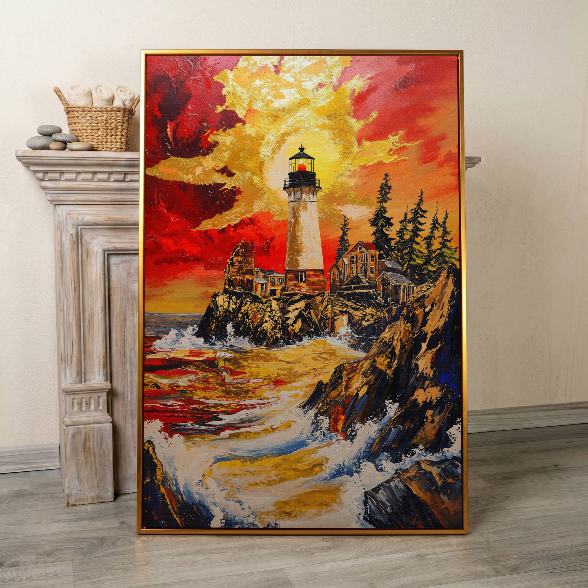 Lighthouse on Rocky Cliffs at Sunset. Ocean Canvas Wall Art in antique gold floating frame