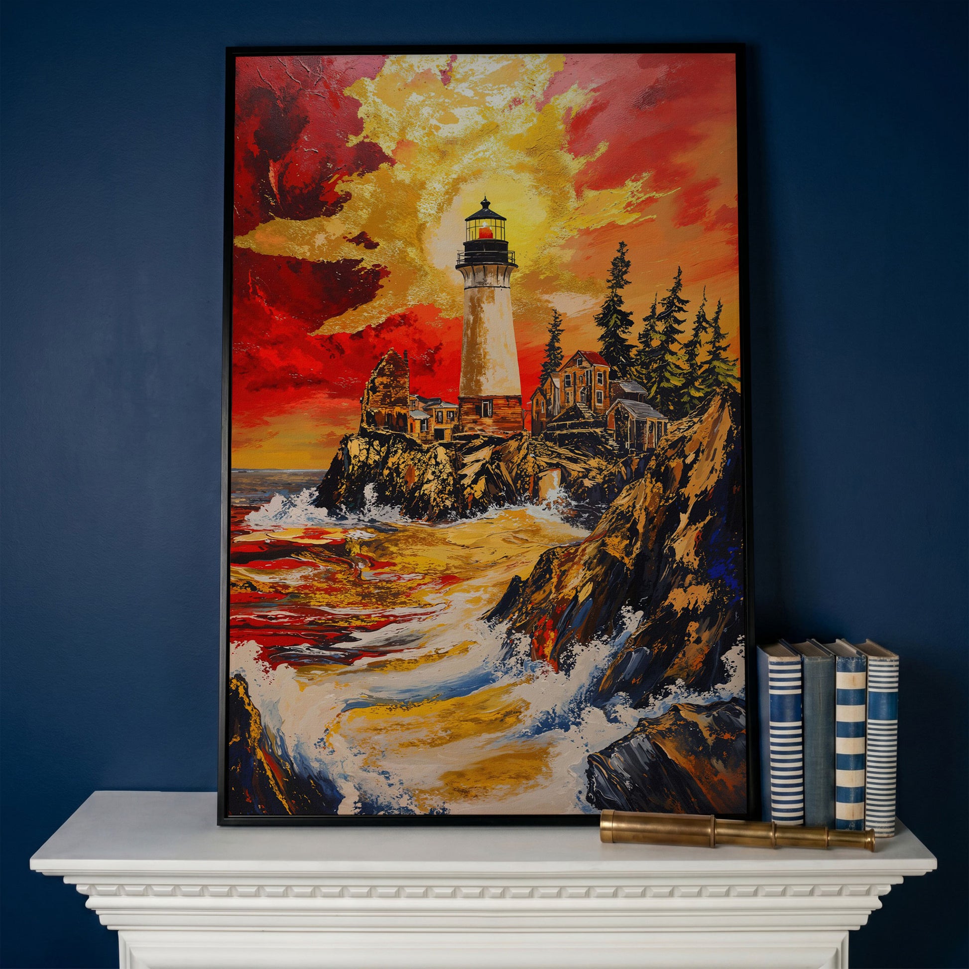 Lighthouse on Rocky Cliffs at Sunset. Ocean Canvas Wall Art in black floating frame