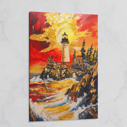 Lighthouse on Rocky Cliffs at Sunset. Ocean Canvas Wall Art on gallery wrap